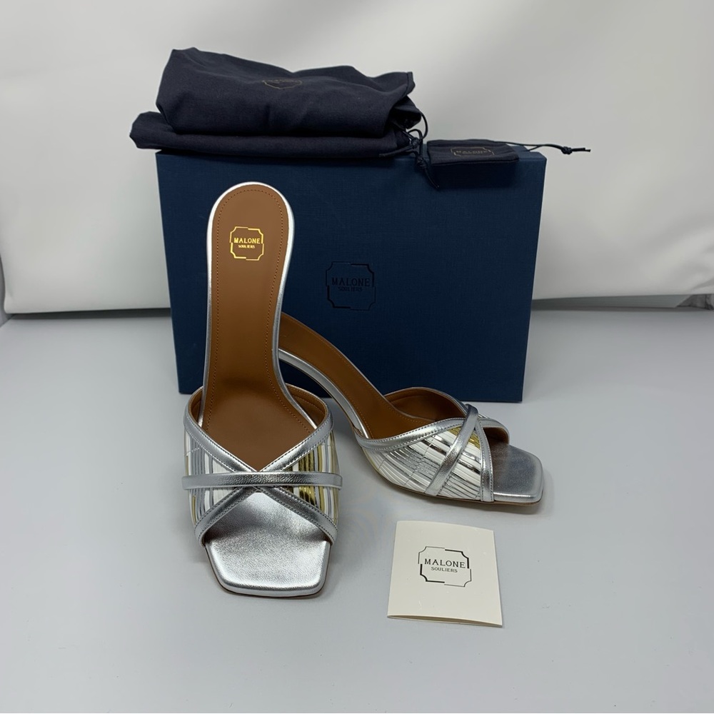 Malone Souliers Womens‎ Perla Silver Mules Strap Heel Shoes 41 NIB S0413